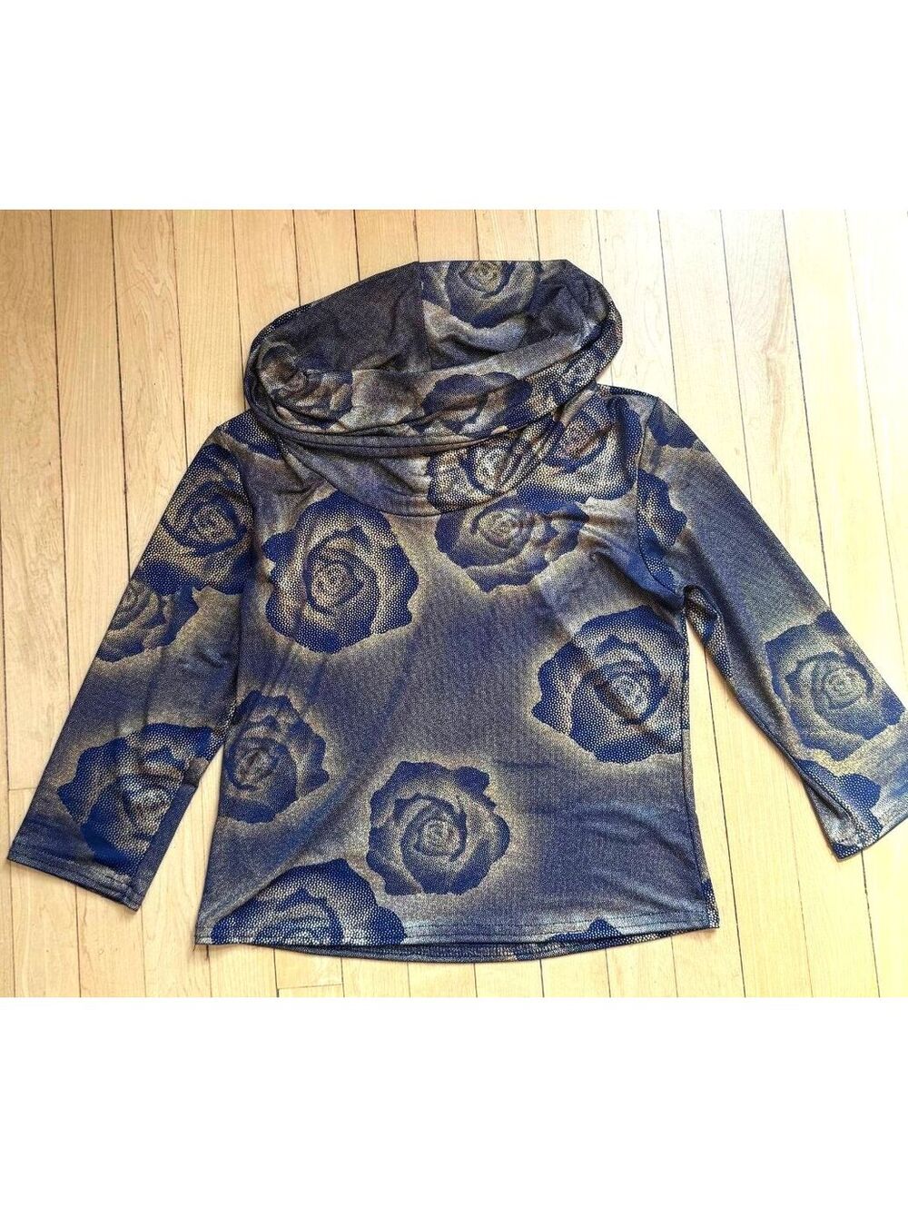 Vintage Metallic Sparkly Rose Print Top Navy Gold, Size M